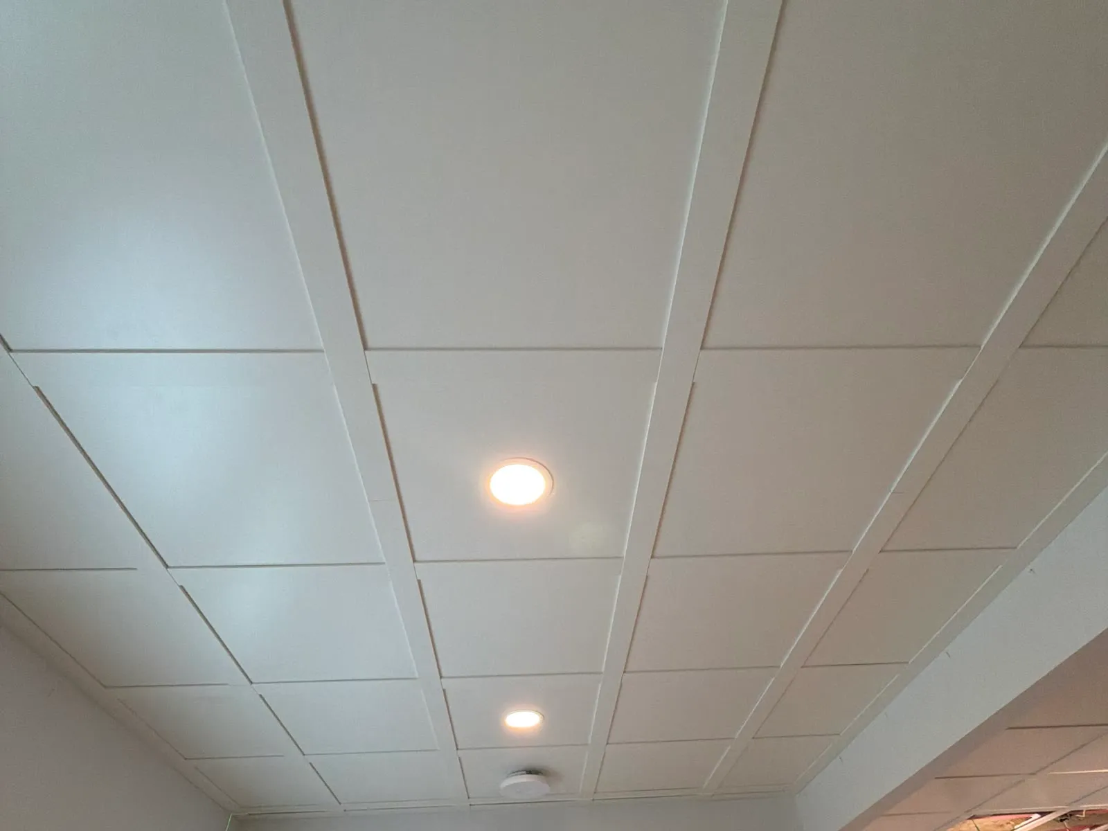 Custom coffered ceiling with pot lights, finished by in-house carpentry in a Calgary home