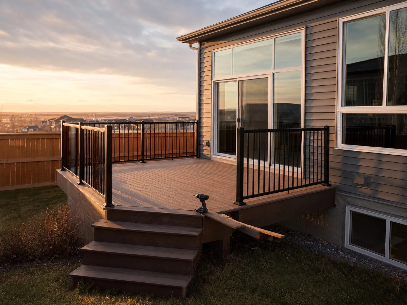 Newly built composite deck with black aluminum railing on a grey-sided Calgary walkout home at golden hour