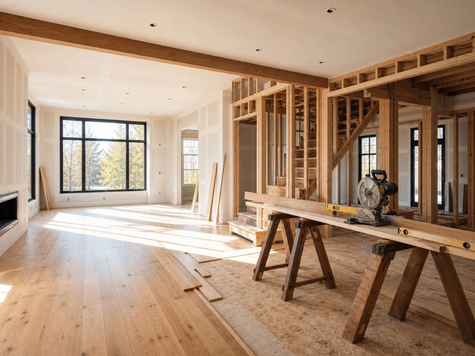 Open main floor mid whole-home renovation, fresh drywall meeting new fir studs with oak flooring partially laid