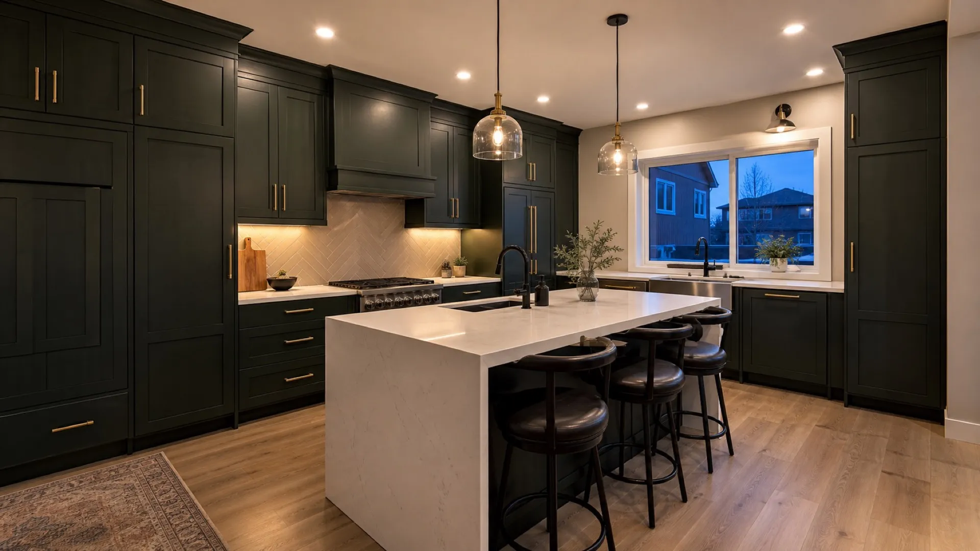 Finished luxury Calgary kitchen at dusk with forest-green shaker cabinetry, brass pulls and a white quartz waterfall island