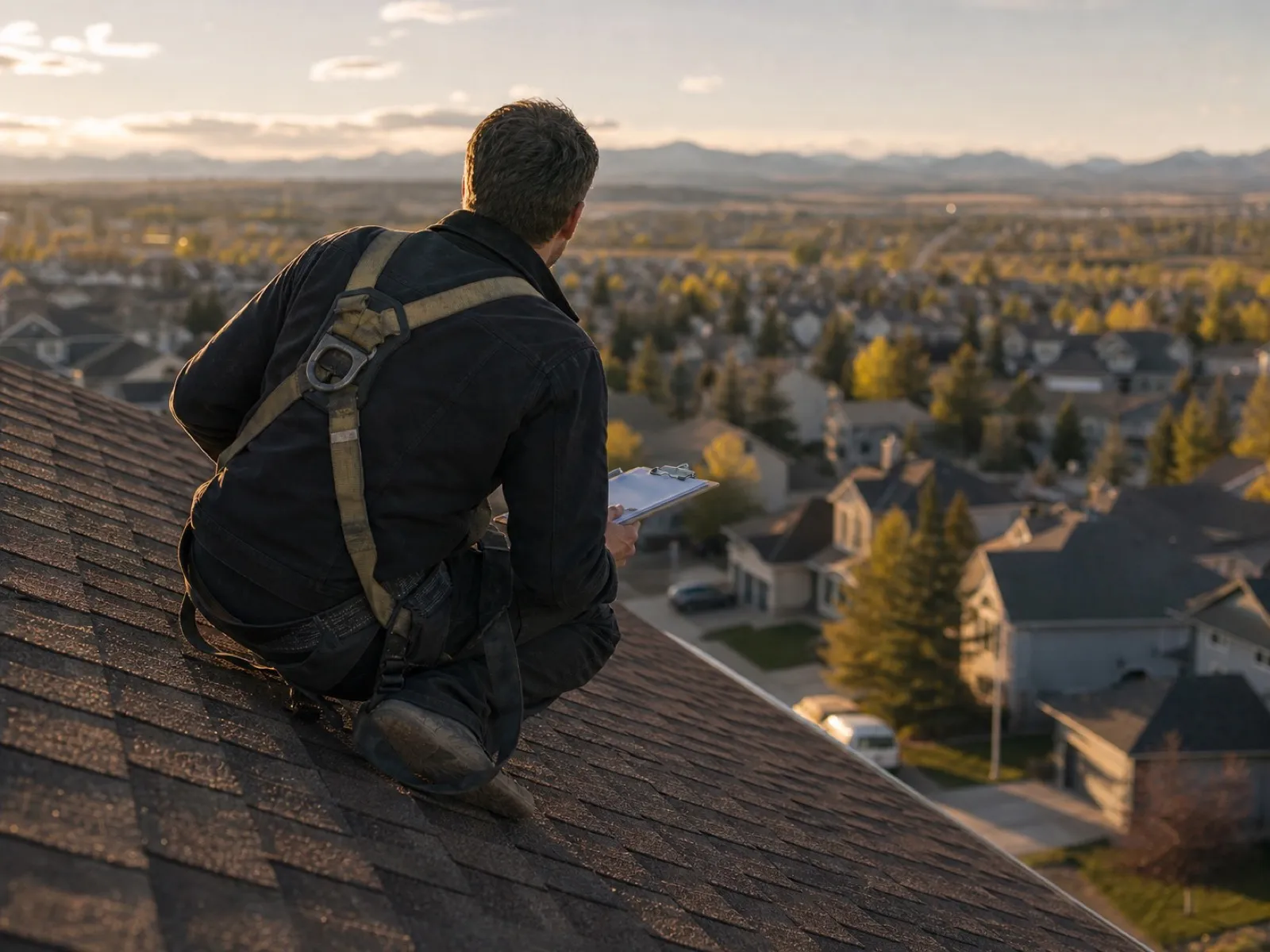 Roof inspector in a safety harness crouched on a shingled slope making notes at golden hour