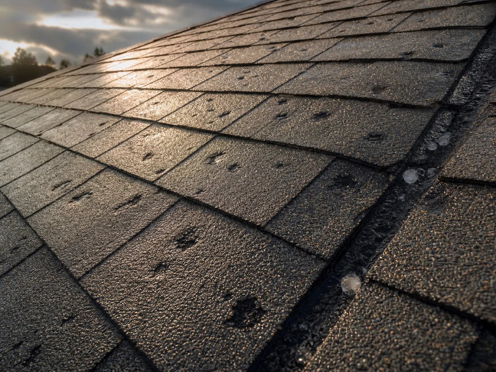 Asphalt shingle slope pocked with round hail-strike bruises after a storm