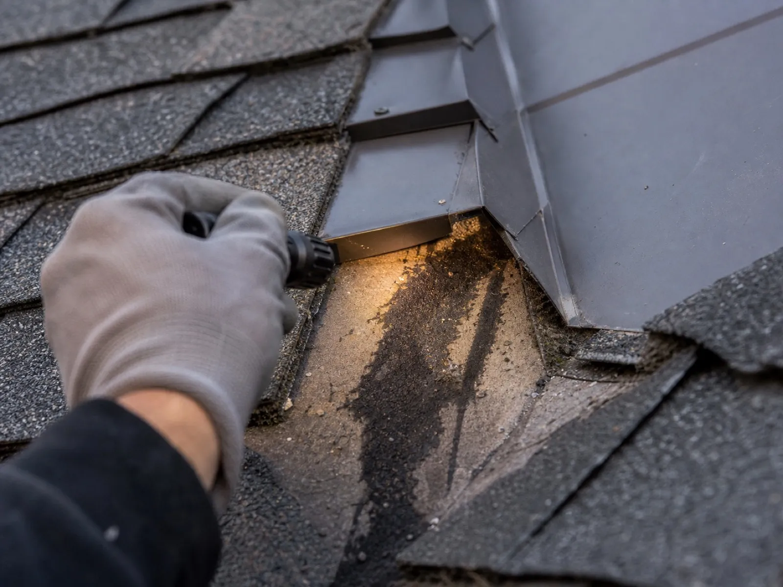 Flashlight beam tracing a water stain along step flashing in a roof valley