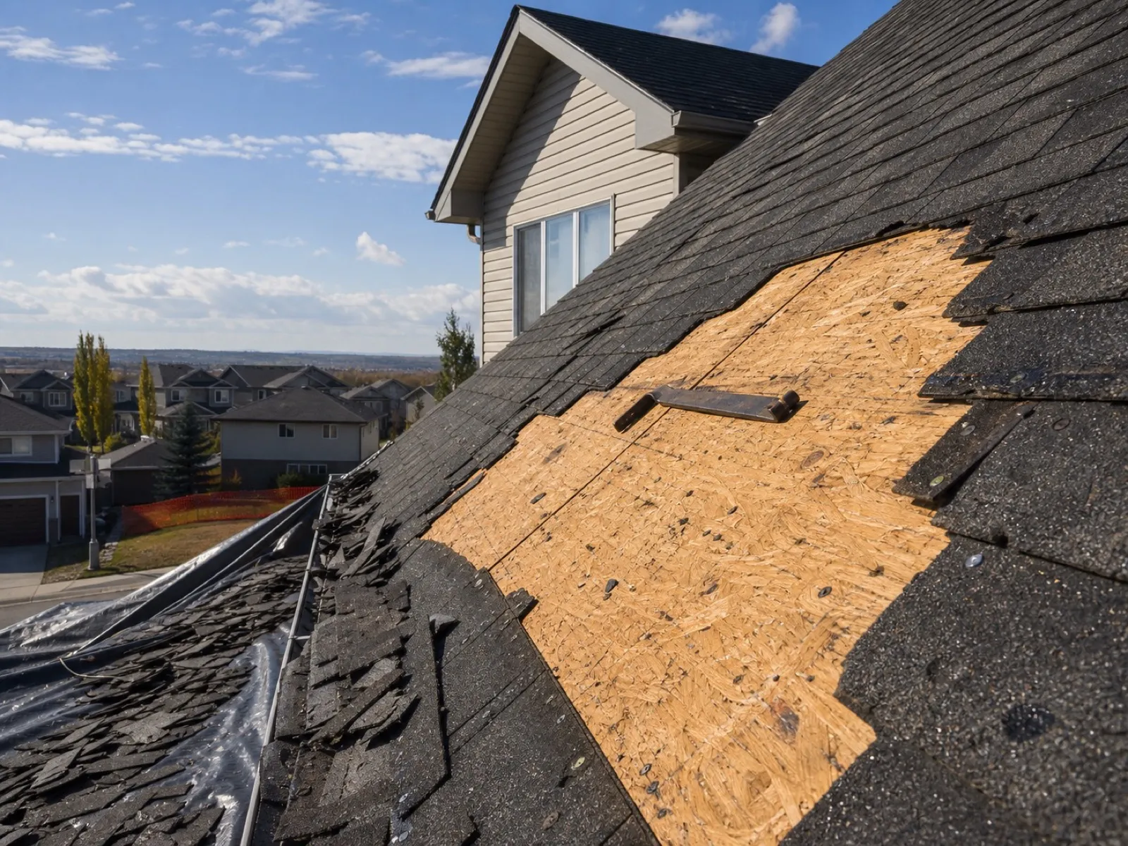 Suburban Calgary roof mid tear-off, old asphalt shingles stripped back to expose plywood decking